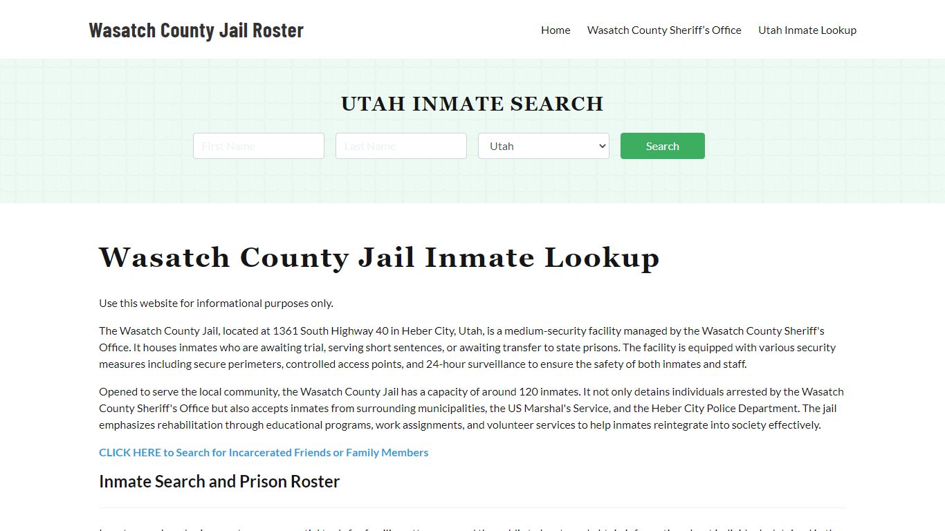 Wasatch County Jail Roster Lookup, UT, Inmate Search